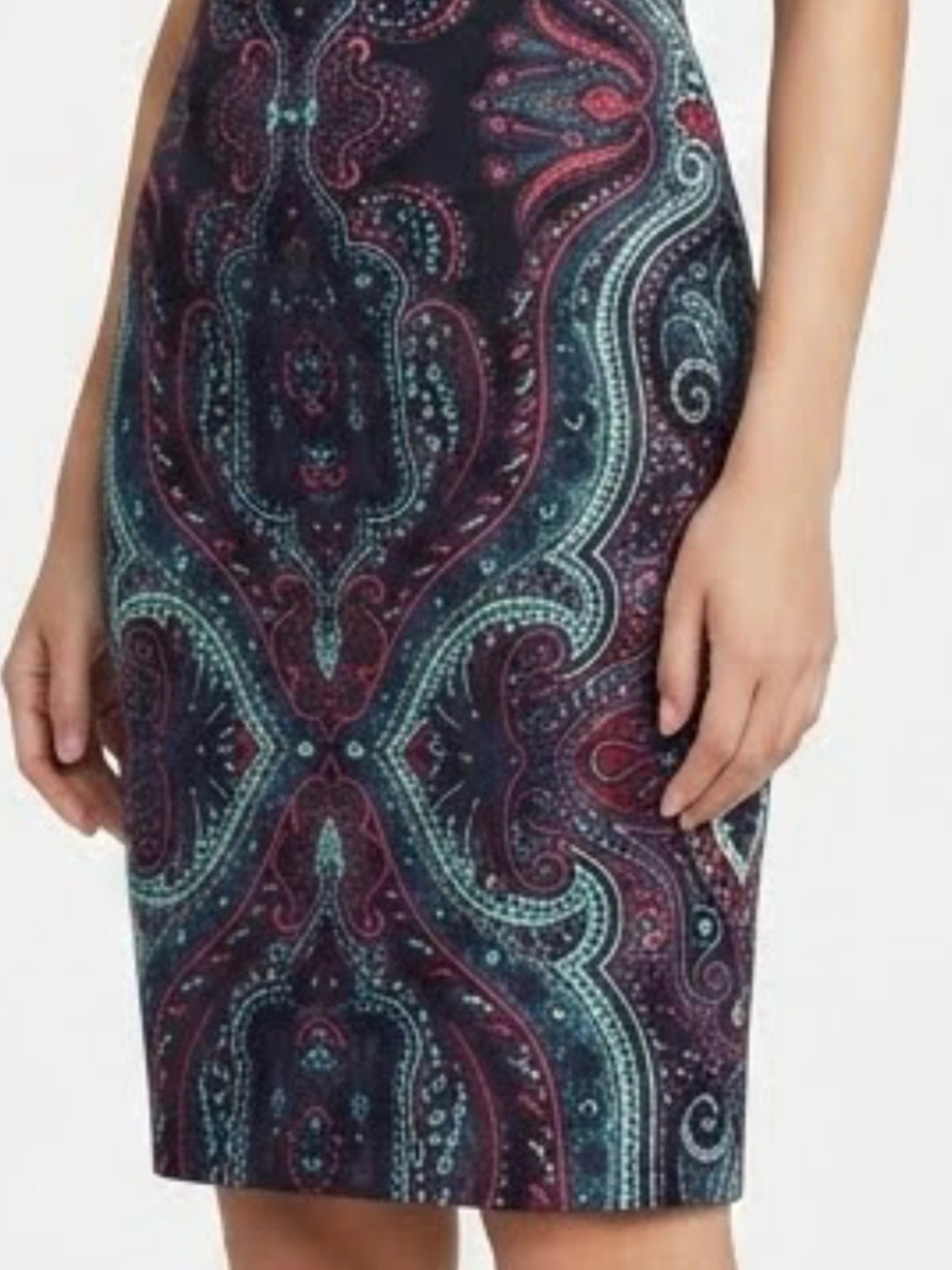 Adrianna Papell Navy Pencil Skirt with Pink and Turquoise Classic Paisley Sz 10